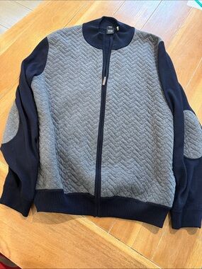 BOSS Men's Gray Quilted Front with Navy Zip-Up Sweater